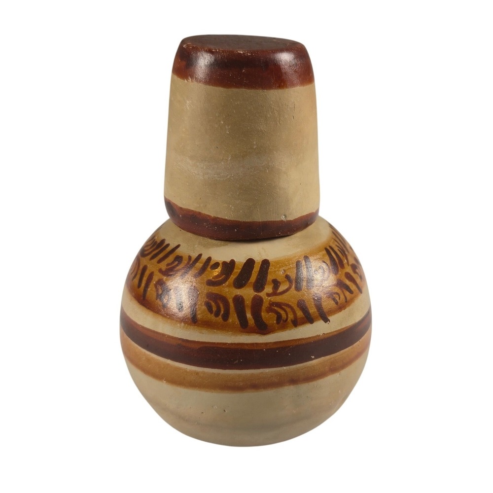 Mexican Clay Pottery Decanter Bottle Cup Lid Folk Art Handcrafted